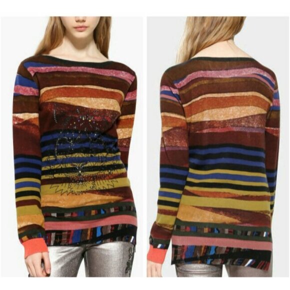 Desigual Multicolor Abstract Striped Rhinestone Tiger Lightweight Sweater size M - Picture 15 of 15